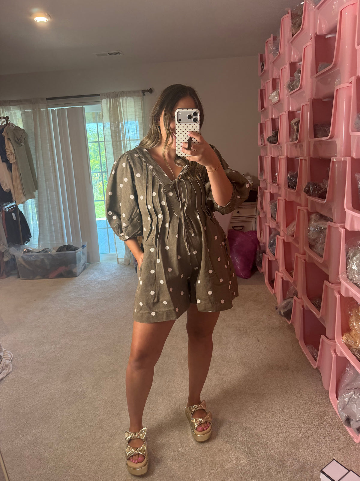 Chocolate Brown Dot Denim Romper