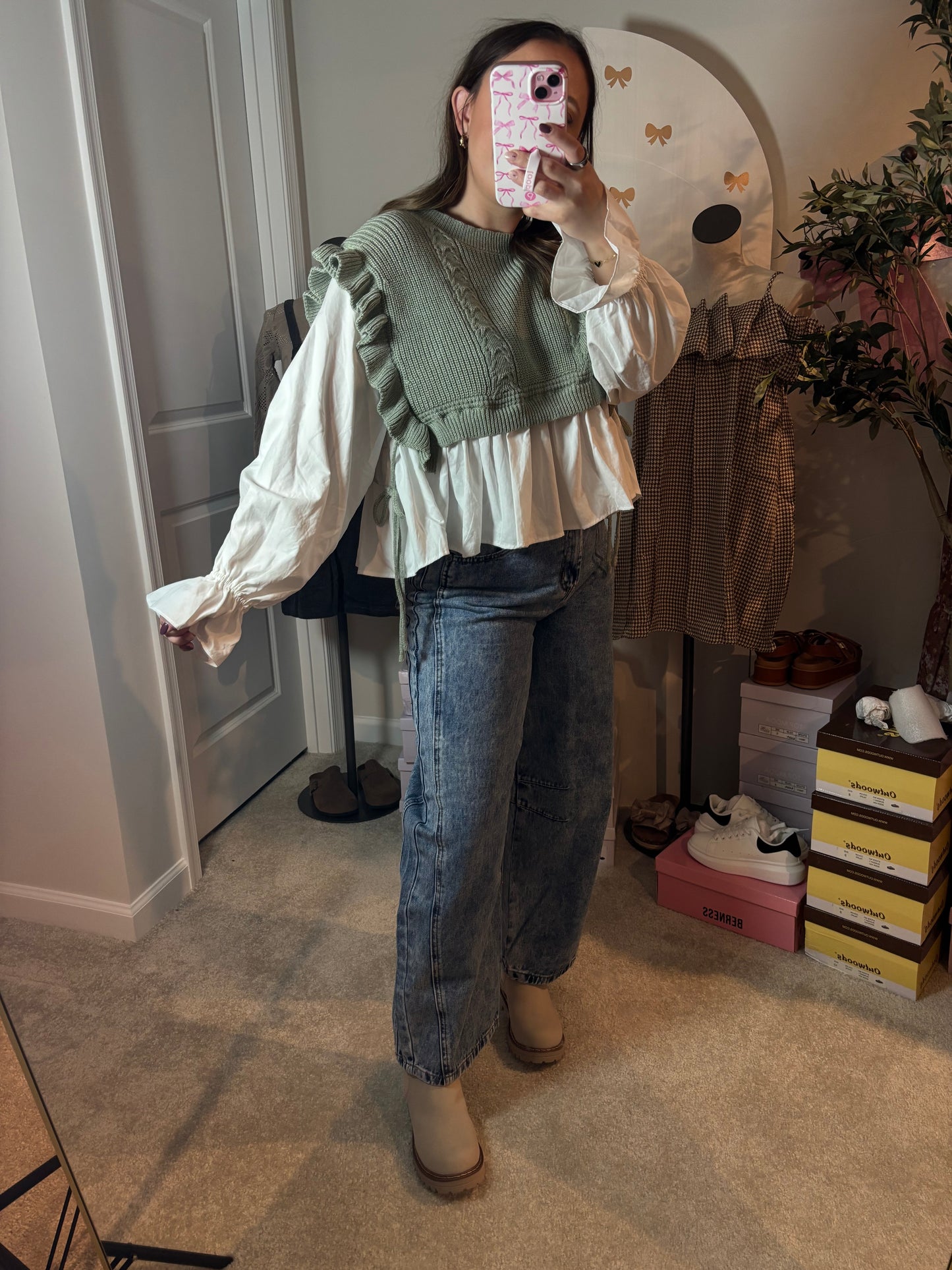 Sage Knit Vest Ruffle Top