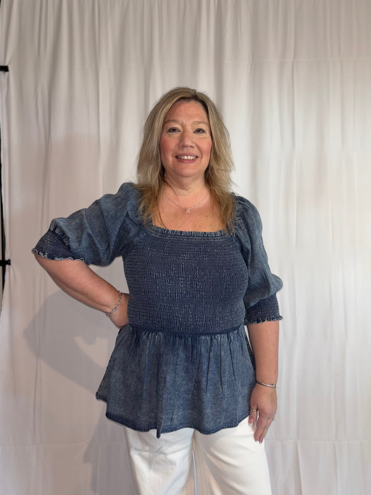 Denim Smocked Babydoll Top - PLUS