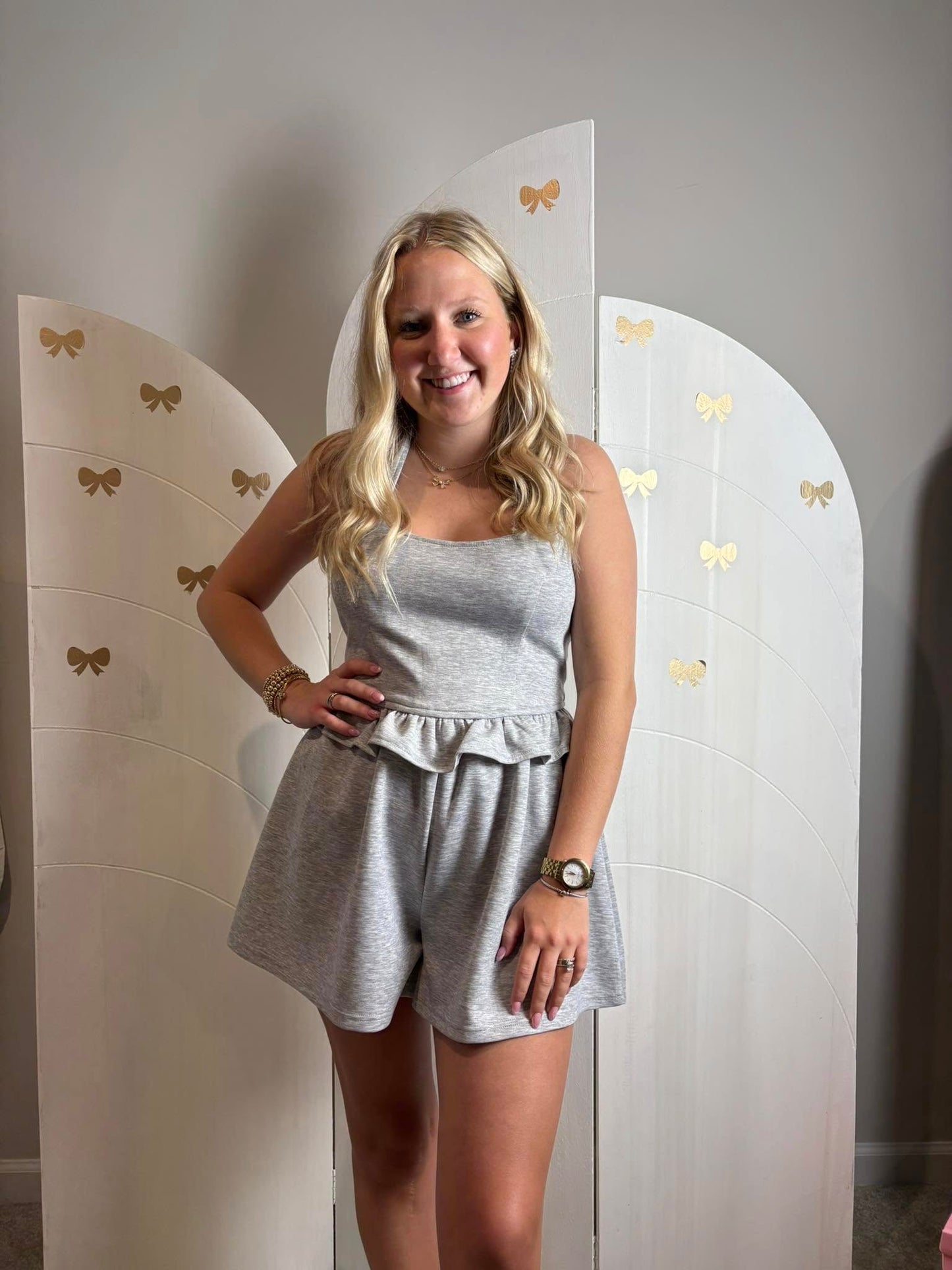 Grey Ruffle Scuba Romper
