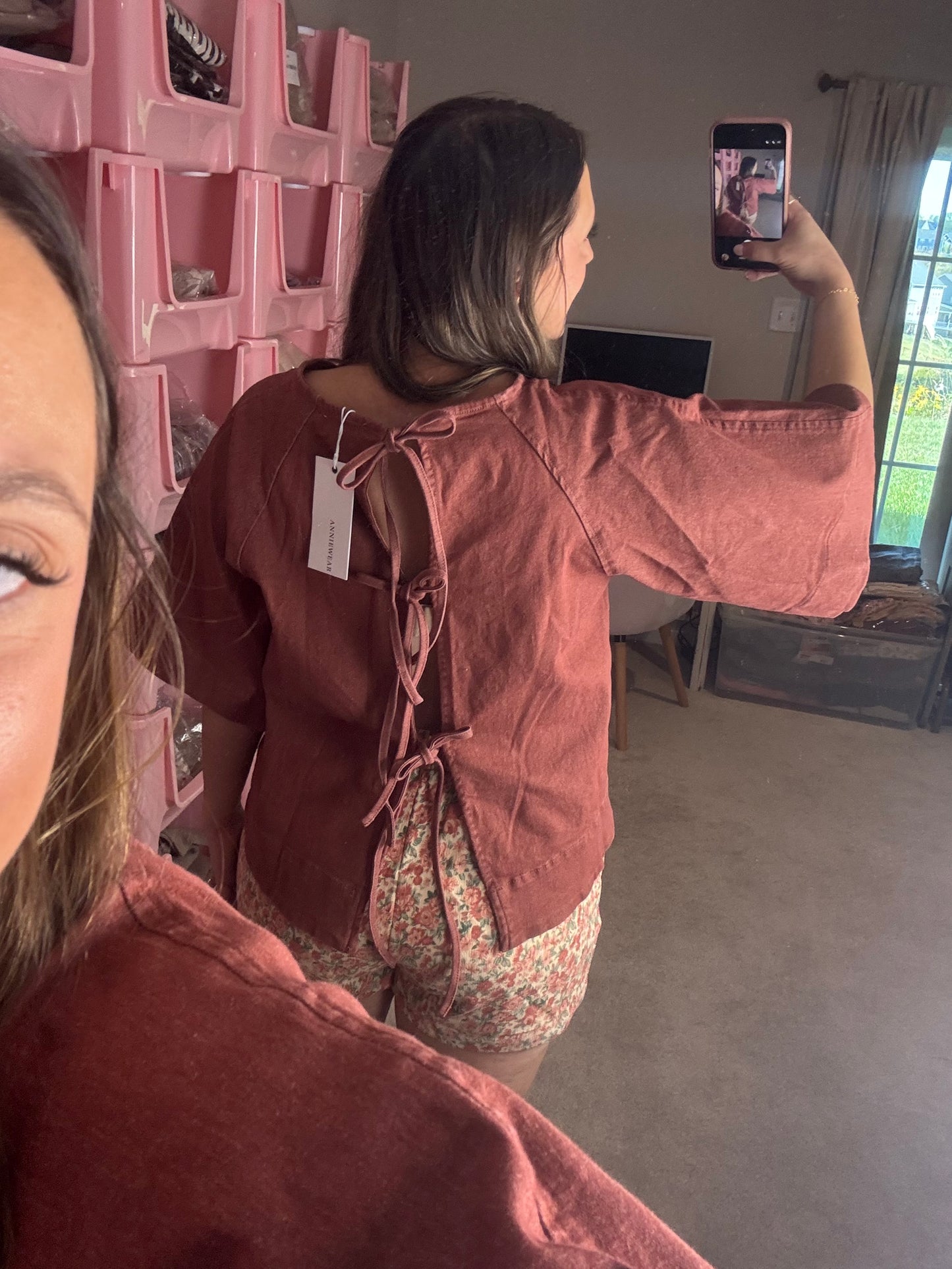 Stretch Denim Tie Back Blouse