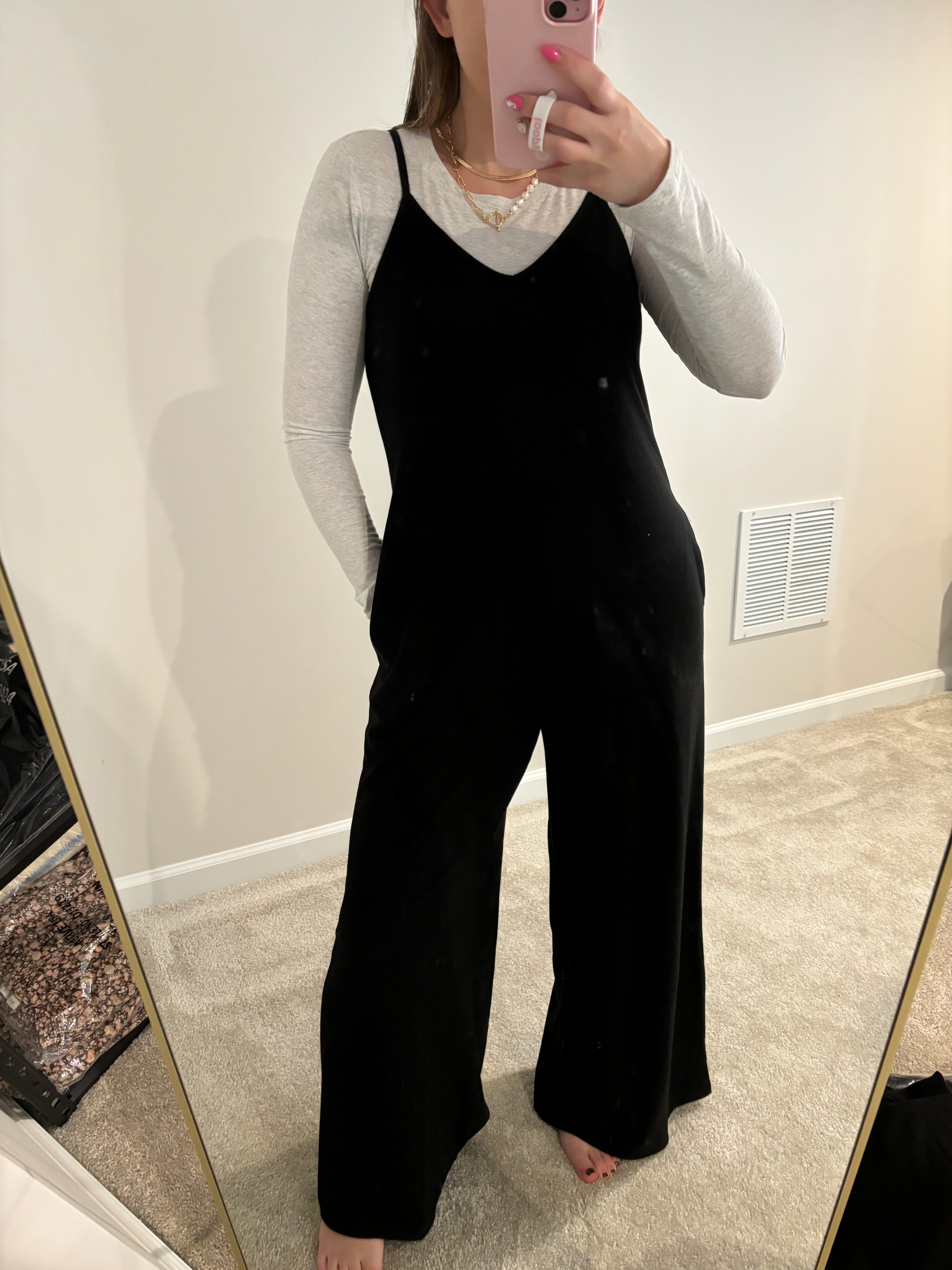 Black Ribbed Wide Leg Jumpsuit Black S