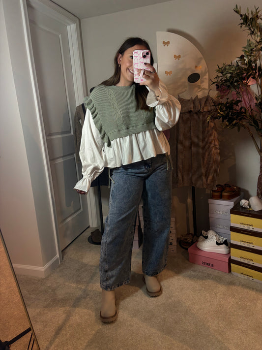Sage Knit Vest Ruffle Top