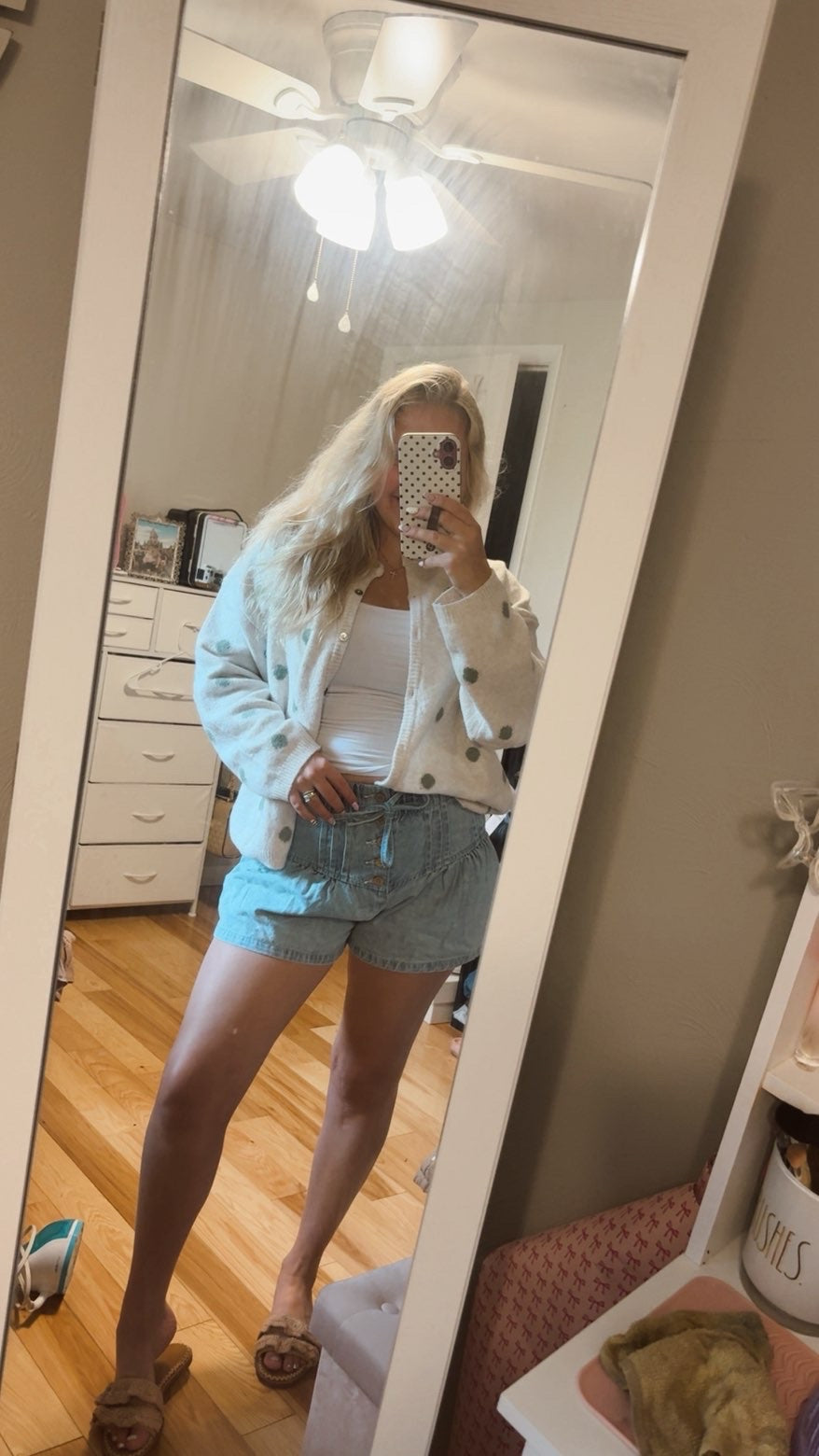 Ivory-Sage Polka Dot Cardigan