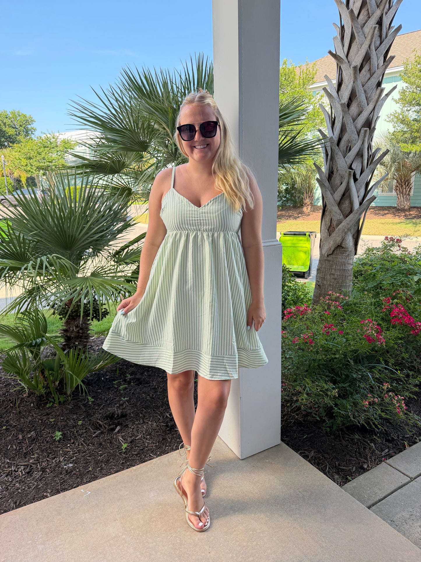 Striped Sage Bow Dress