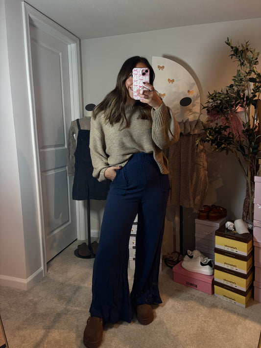 Washed Frayed Navy Ruffle Pant