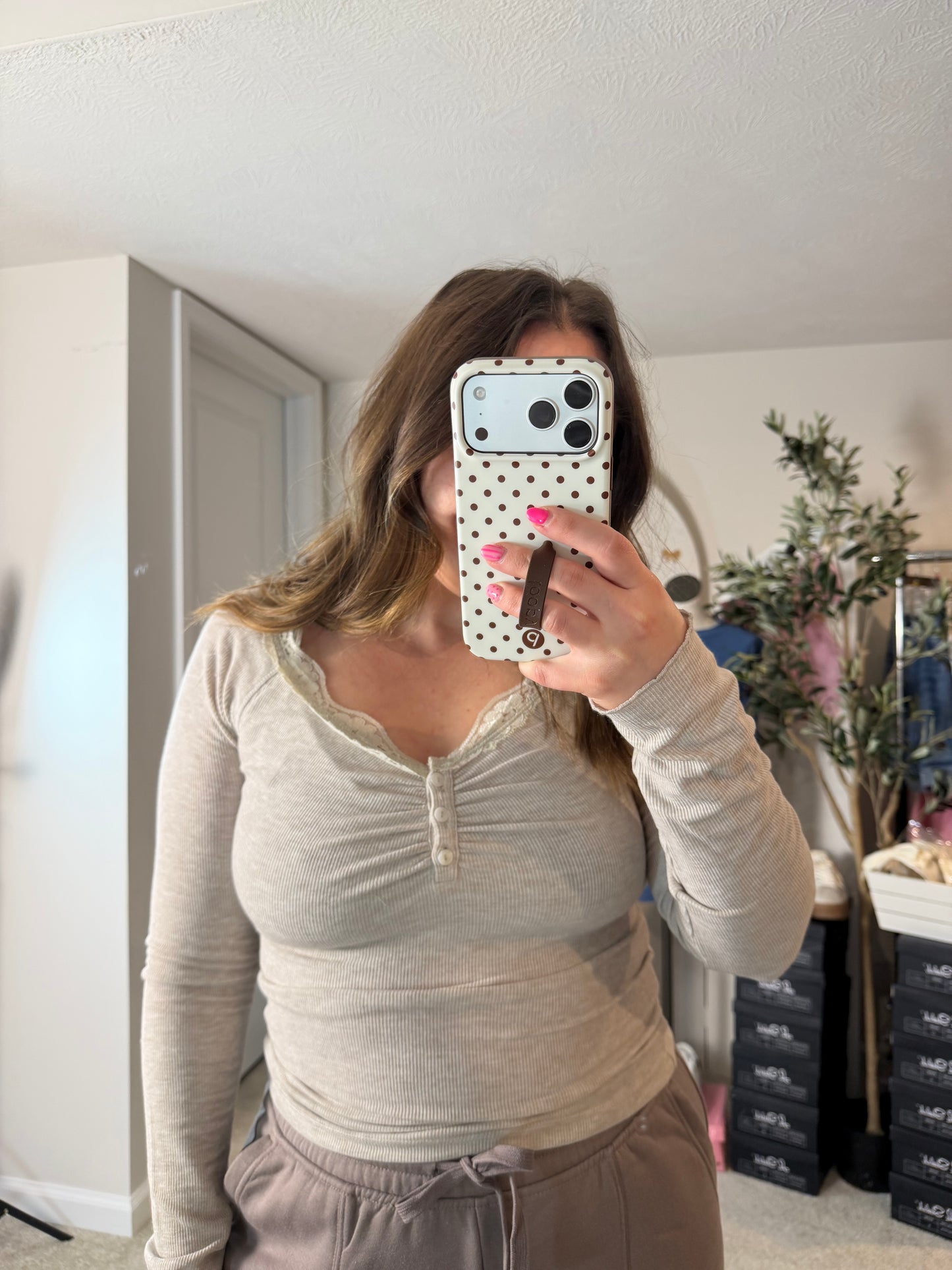 Lace Trim Button Down Ribbed Henley