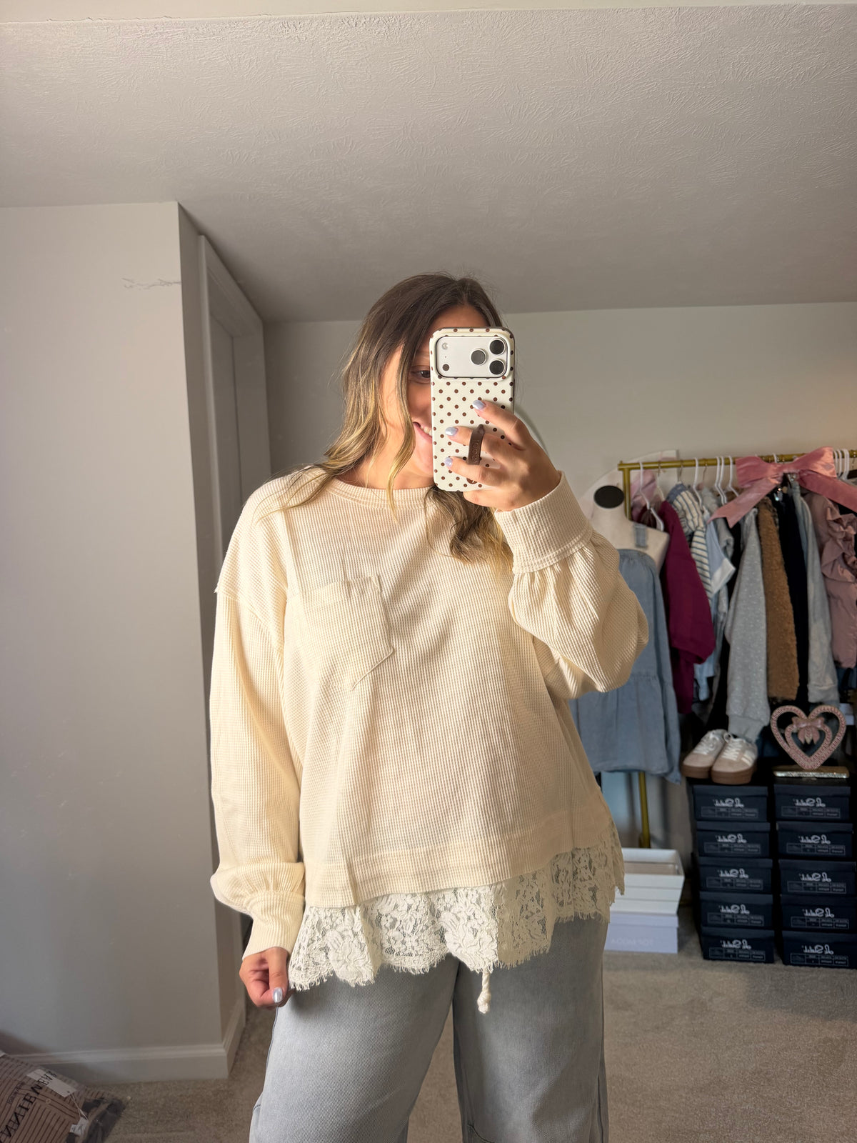 Lace Trim Thermal Knit Top