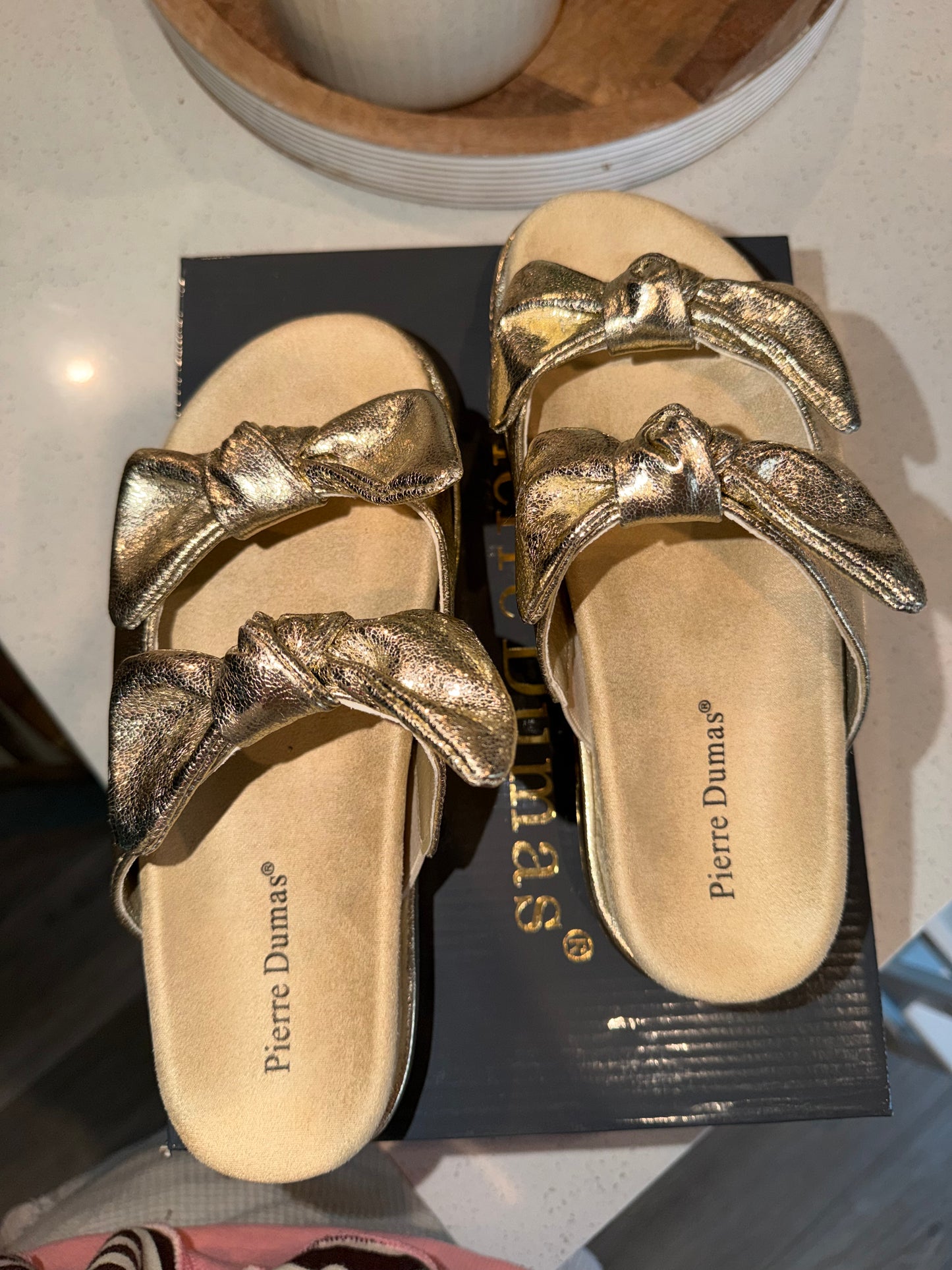 Gold Double Strap Bow Sandals
