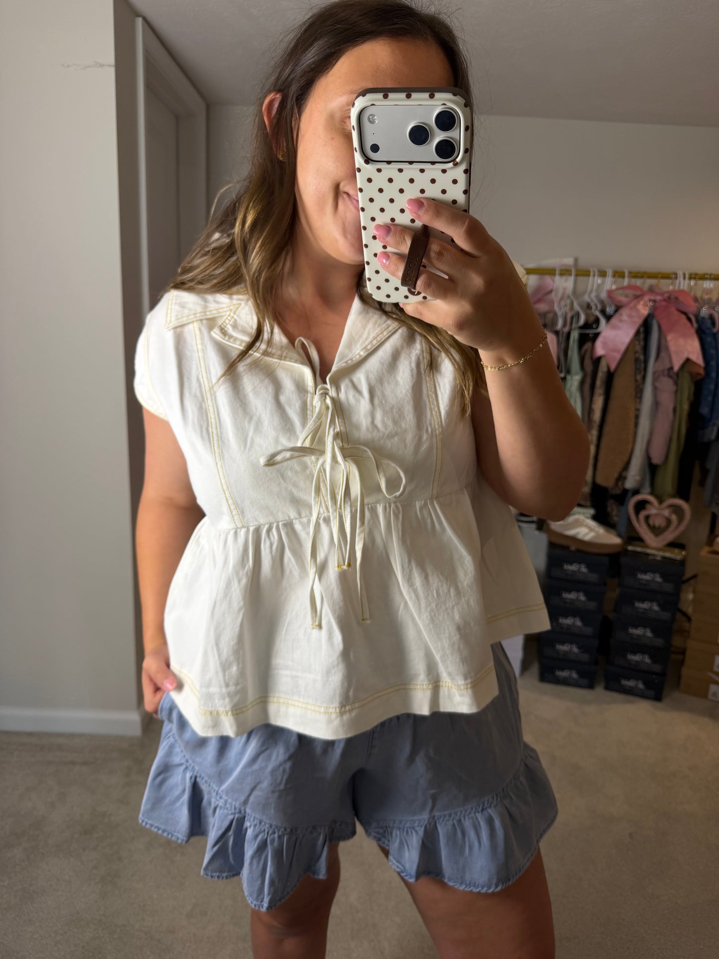 White Denim Babydoll Top w/ Brown Stitching
