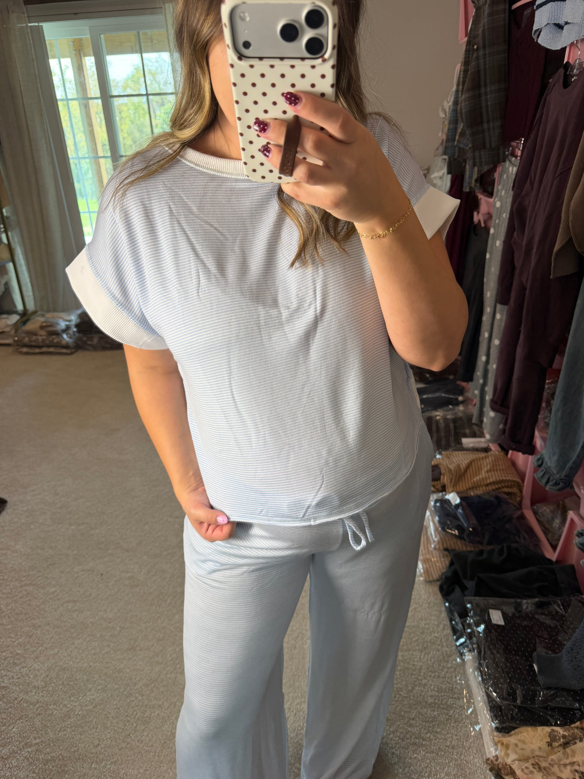 BABY BLUE STRIPED OPEN BACK SET