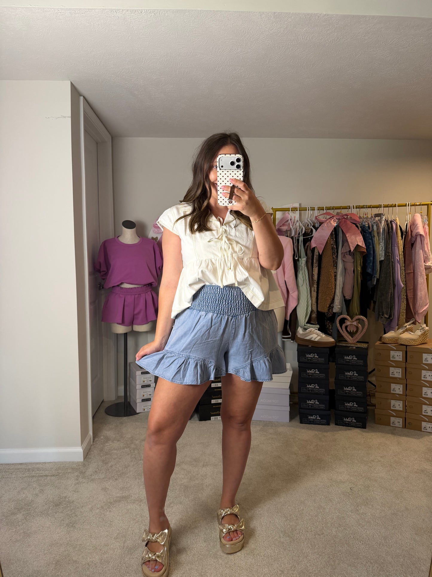 Chambray Denim Ruffle Shorts