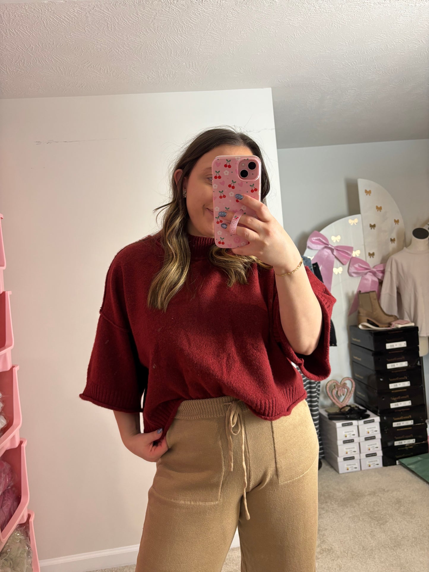 THE LISA ~ RED SHORT SLEEVE SWEATER