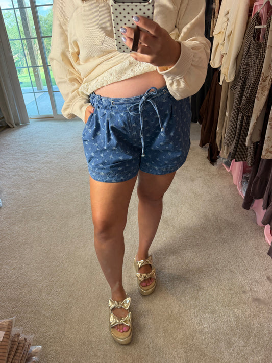 Floral Drawstring Denim Shorts