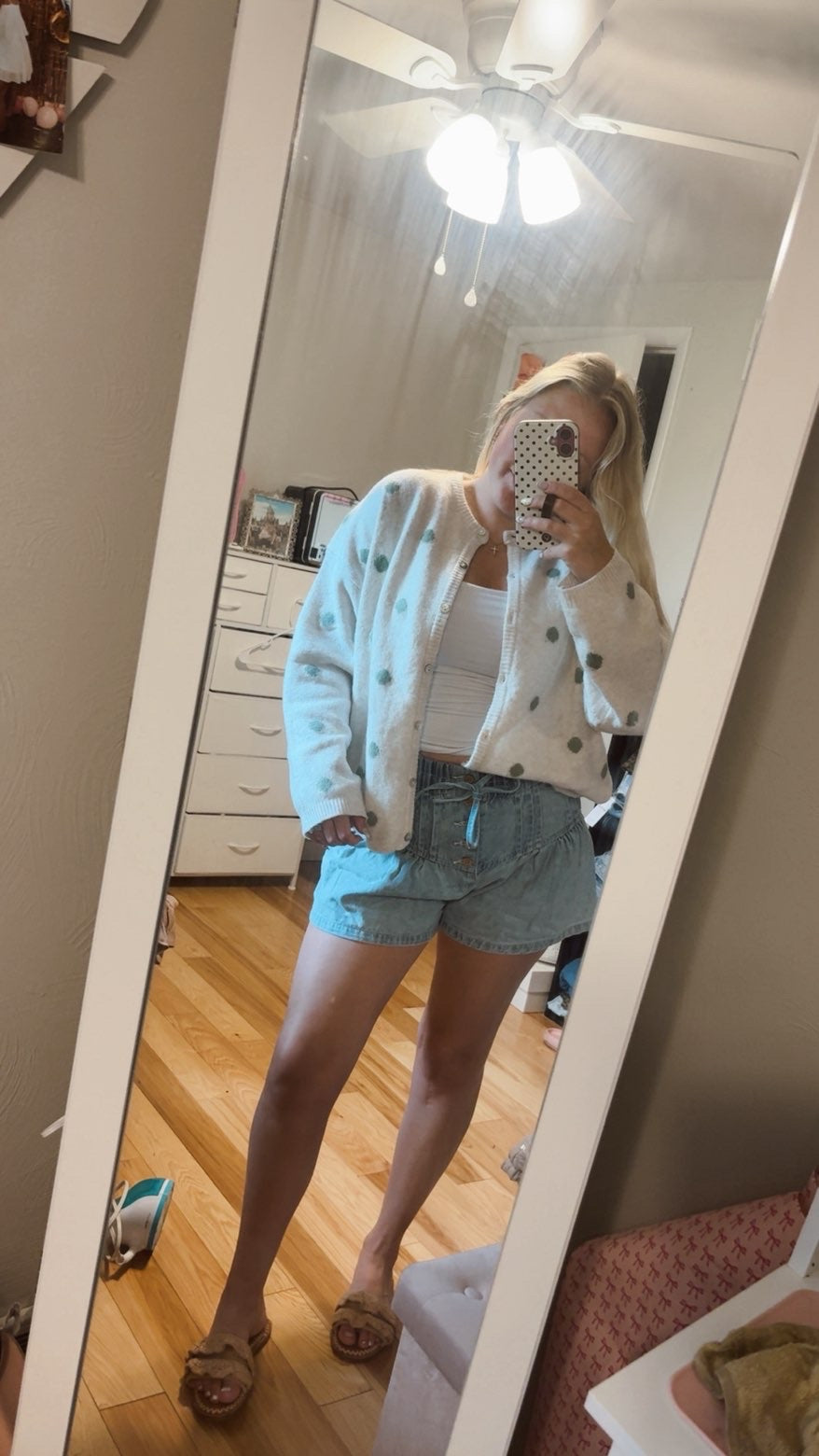 Ivory-Sage Polka Dot Cardigan