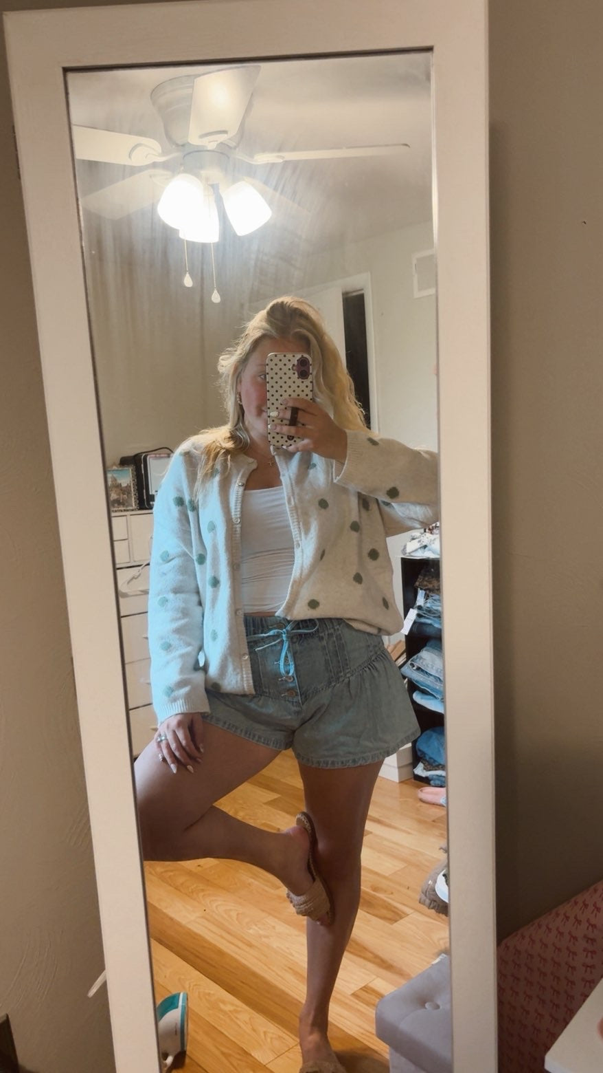 Ivory-Sage Polka Dot Cardigan