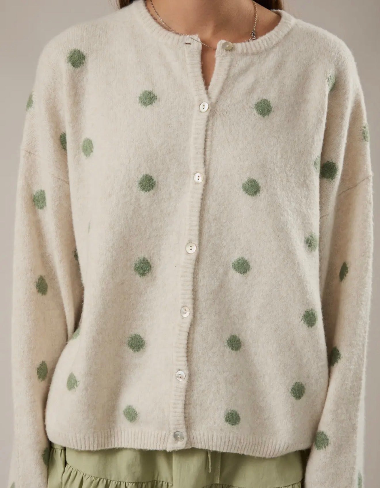 Ivory-Sage Polka Dot Cardigan