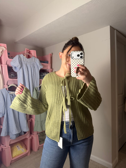LT. OLIVE BOW CARDIGAN
