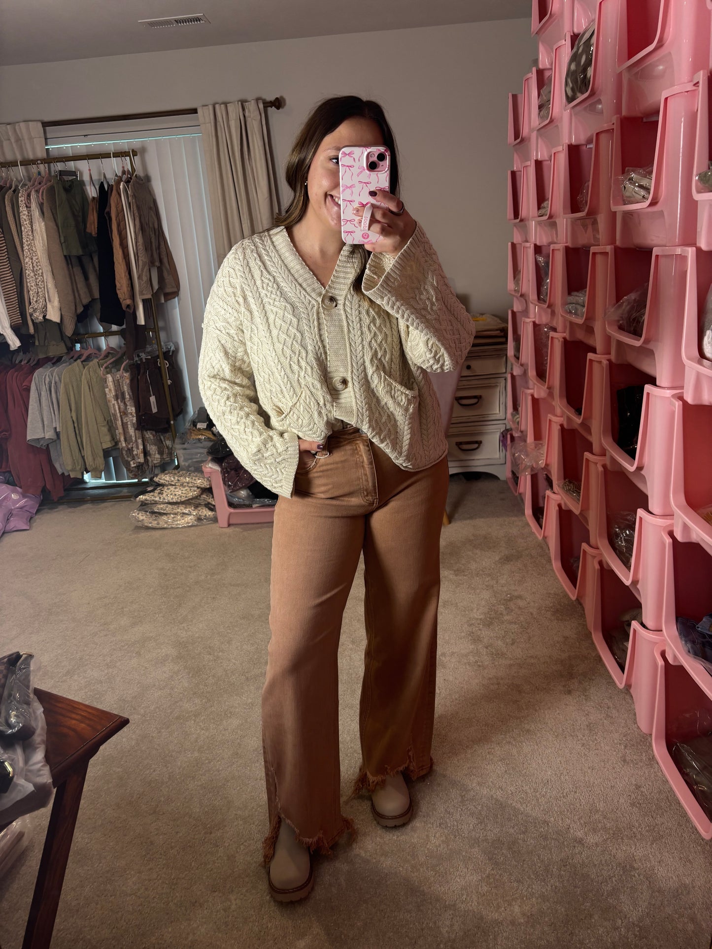 Mocha Frayed Hem Straight Leg Denim