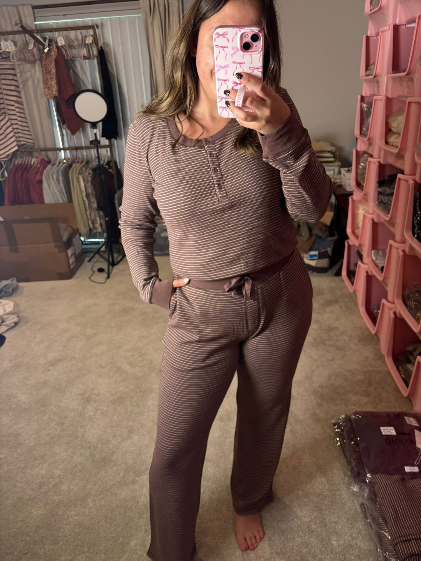 Cream/Brown Stitched Thermal Set