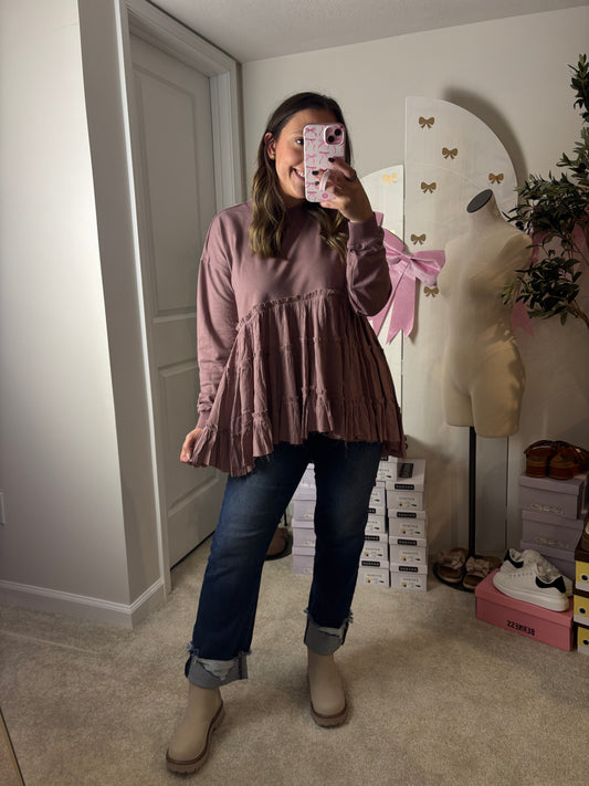 Mauve Tiered Ruffle Hem Sweatshirt