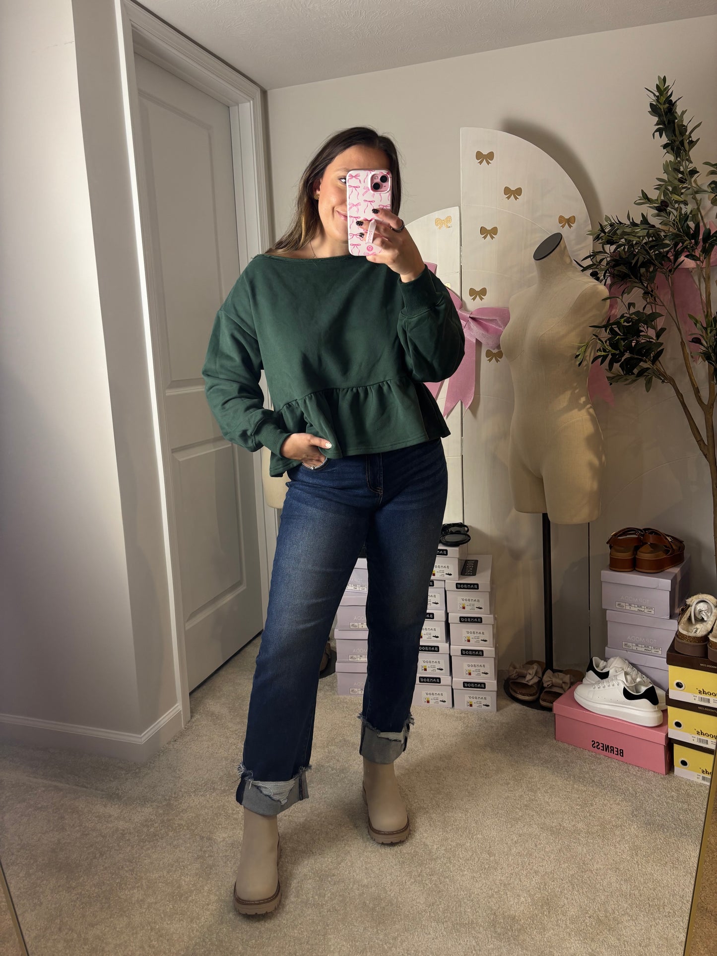 Hunter Green Peplum Scoop Neck Sweatshirt