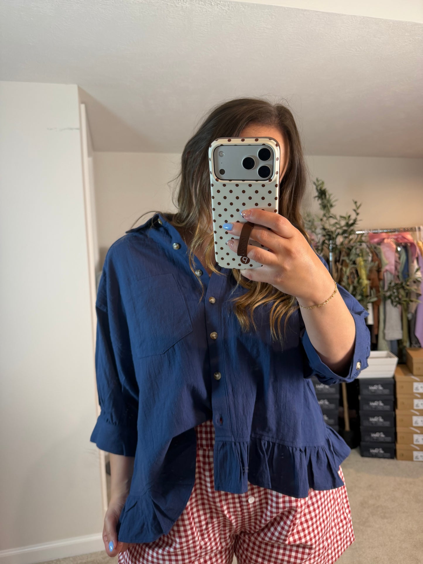 NAVY PEPLUM LINEN RUFFLED BUTTON DOWN