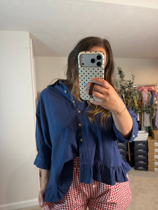 NAVY PEPLUM LINEN RUFFLED BUTTON DOWN