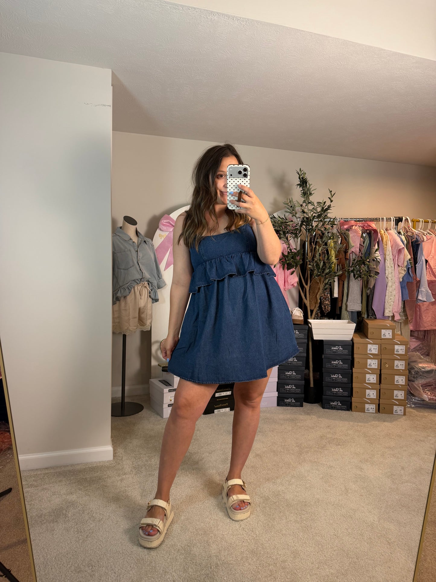 RUFFLED DENIM DRESS